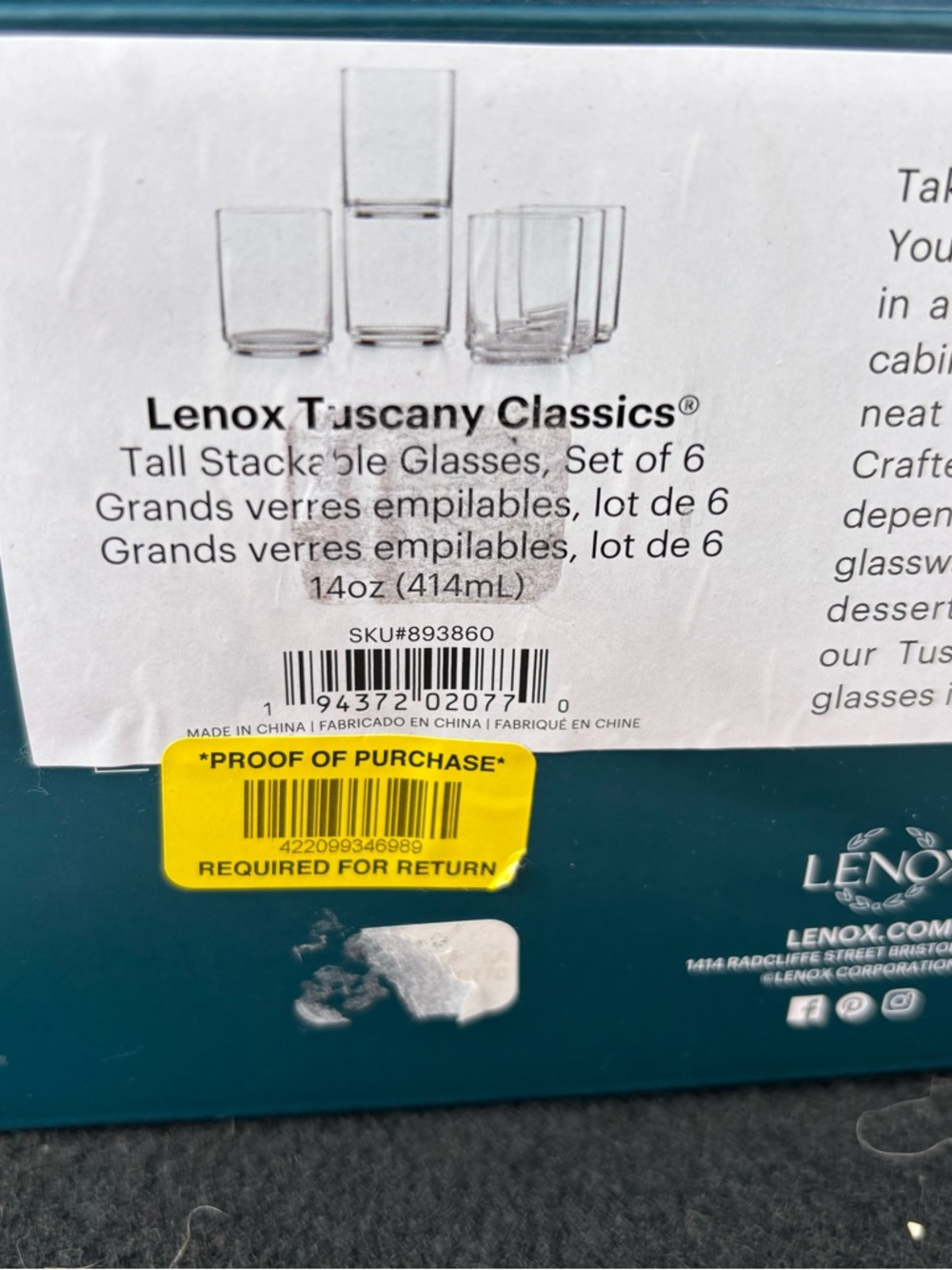 Lenox Clear Stackable Tuscany Classics Glasses with Teal Box